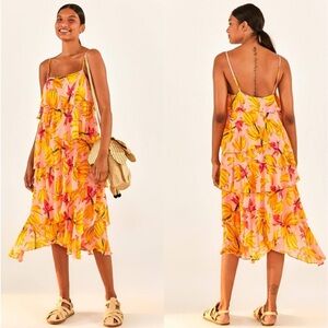 FARM Rio Pink Floral Tiered Midi Dress with Yellow and Orange Leaves